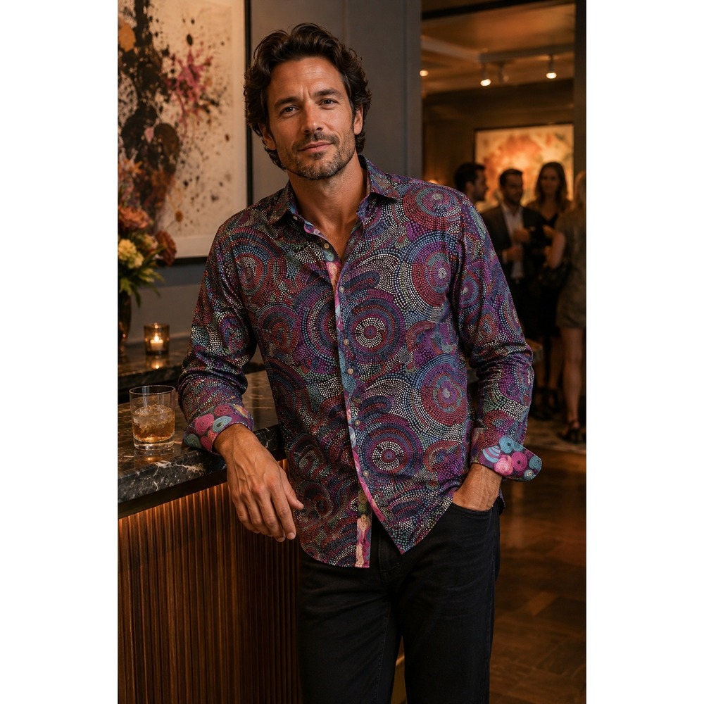 Robert Graham Mens XL Long Sleeve Button Down Shirt Purple Psychedelic Dot Swirl